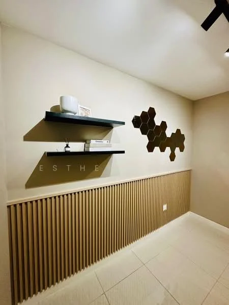 Room features: cream painted walls, wood paneling, hexagonal wall decor, floating shelves, decorative items on shelves, tile flooring, recessed lighting, ceiling fan; style: modern.