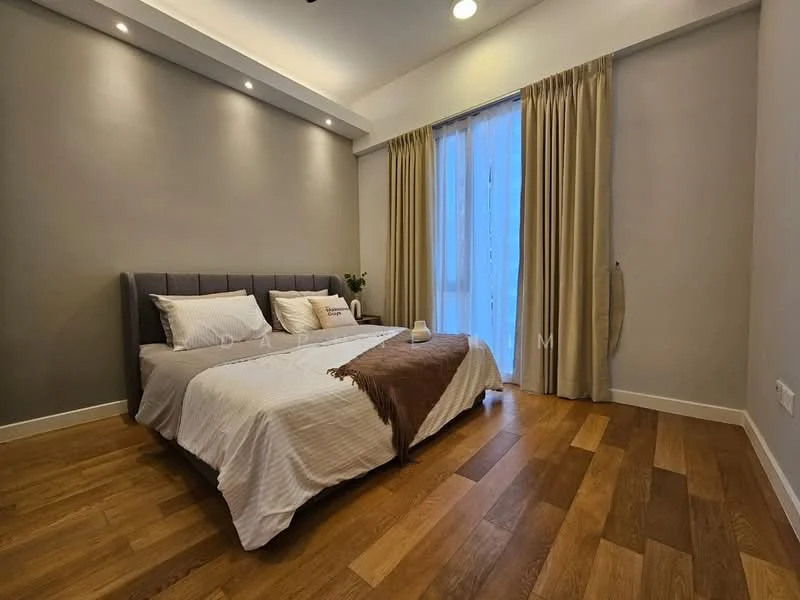 Bedroom features: king-size bed with grey upholstered headboard, white bedding with striped pattern, brown throw blanket, two bedside pillows, wooden flooring, floor-to-ceiling windows, sheer curtains, recessed downlights, decorative plant on bedside table, wall-mounted light fixture; style: modern.
