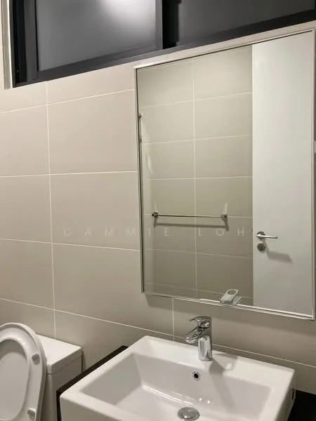 Bathroom features: white ceramic toilet, single-sink vanity with rectangular basin, chrome basin mixer faucet, framed mirror, wall-mounted towel bar, light-colored tile walls, dark countertop, window for natural light; style: modern.