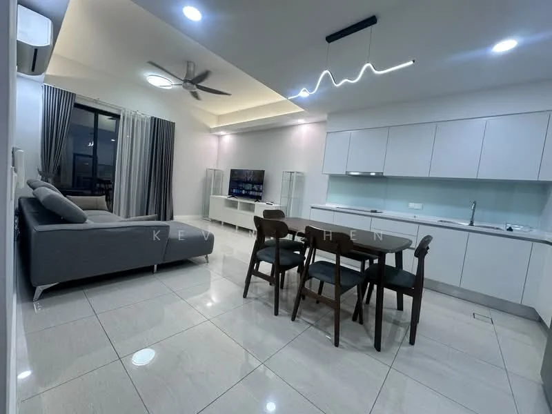 Living features: 3-seater fabric sofa in grey, ceiling fan with integrated LED light, wall-mounted TV, dining table for 4 with wooden chairs, white cabinetry, glass backsplash, stainless-steel sink, built-in oven, recessed downlights, large windows with sheer curtains, porcelain tile flooring, neutral wall color; style: modern; view: city.