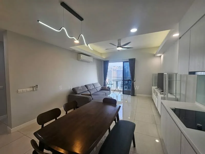 Living features: grey fabric sectional sofa, wooden dining table with 4 chairs, floor-to-ceiling windows, sliding glass door to balcony, recessed downlights, 5-blade ceiling fan with light, white cabinetry, light-coloured walls, glossy tile flooring, curtains, decorative light fixture; style: modern; view: city.