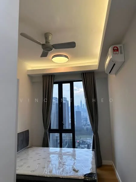 Bedroom features: grey upholstered bed frame, mattress on bed, 5-blade ceiling fan with light, recessed ceiling lighting, floor-to-ceiling windows, blackout curtains, air conditioning unit, city skyline view; style: modern; view: city.