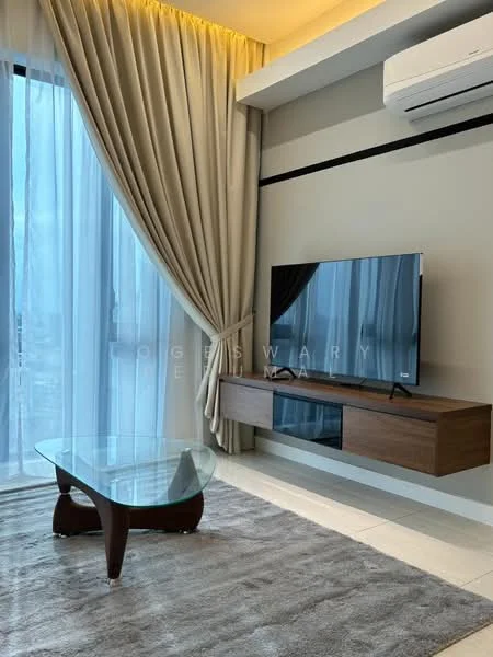 Living features: floor-to-ceiling windows, sheer curtains, wooden TV console, wall-mounted TV, glass coffee table, area rug with neutral color, recessed downlights, wall-mounted split AC; style: modern; view: city.