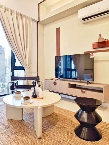 Living features: floor-to-ceiling windows, light beige painted walls, cream curtains, 3-seater black chair, white round coffee table, black accent stool, TV console with storage, wall-mounted TV, air conditioning unit, decorative items on console, woven area rug; style: modern; view: city.