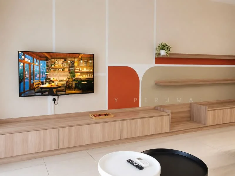 Living features: wall-mounted TV, wooden TV console, light-colored wall with accent colors, floating shelves, decorative plant on shelf, neutral-colored walls, large windows for natural light, ceramic tile flooring; style: modern.