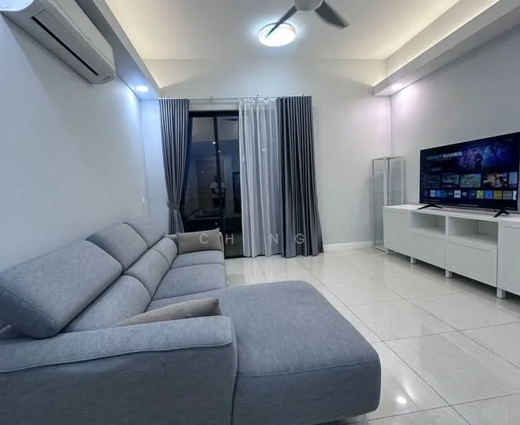 Living features: 3-seater fabric sofa in grey, floor-to-ceiling windows, sliding glass door, curtains in grey, wall-mounted TV, TV console in white, recessed downlights, ceiling fan, white painted walls, glossy tile flooring; style: modern.