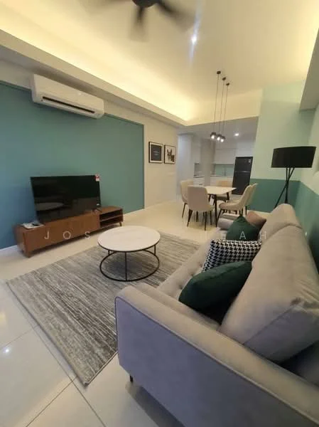 Living features: light grey fabric sofa, round coffee table with black metal base, area rug with geometric pattern, wall-mounted TV, wooden TV console, 5-blade ceiling fan with light, cream painted walls, blue accent wall, recessed ceiling lights, dining area visible in background, dining table with upholstered chairs; style: modern.