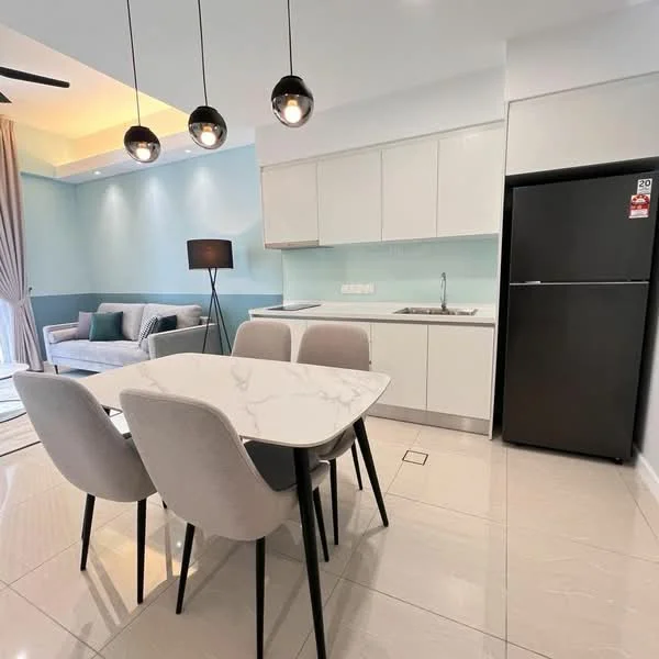 Kitchen features: white cabinetry, marble dining table, 4 upholstered dining chairs, stainless-steel fridge, single-bowl stainless-steel sink, chrome pull-down faucet, ceramic tile flooring, recessed downlights, light blue accent wall, grey sofa, floor-to-ceiling windows with sheer curtains; style: modern.