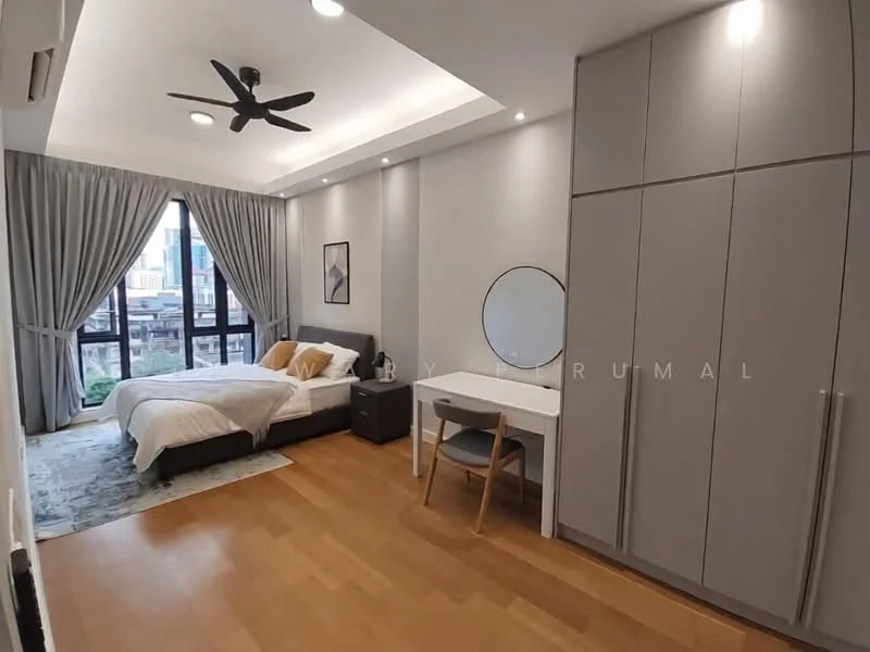 Bedroom features: king-size bed with white bedding, upholstered headboard, 2 bedside tables, table lamps on bedside tables, large window with city view, floor-to-ceiling curtains, wooden flooring, ceiling fan with light, built-in wardrobe with grey finish, round mirror on wall, study desk with chair, decorative wall art; style: modern; view: city.