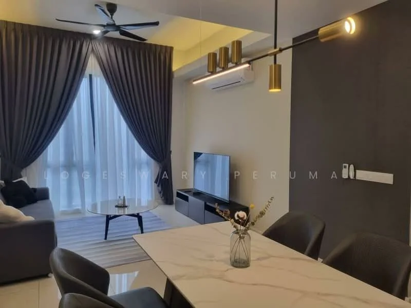 Living features: 3-seater fabric sofa in grey, coffee table, wall-mounted TV, TV console, area rug with geometric pattern, 5-blade ceiling fan with light, floor-to-ceiling windows with sheer curtains, recessed downlights, decorative vase with flowers, striped area rug; style: modern; view: city. Dining features: 6-seater dining table with marble top, upholstered dining chairs, pendant lamp, decorative centerpiece; style: modern.