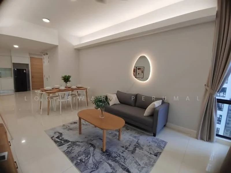 Living features: grey fabric sofa, coffee table, area rug with abstract pattern, wall-mounted mirror, recessed ceiling lights, white painted walls, marble tile flooring, floor-to-ceiling windows, curtains, dining table with chairs; style: modern.
