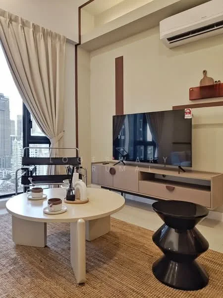 Living features: floor-to-ceiling windows, cream painted walls, recessed downlights, 3-seater fabric sofa in grey, coffee table, TV console, wall-mounted TV, decorative vase, area rug with natural fibers, 1 wall-mounted split AC, black accent stool; style: modern; view: city.