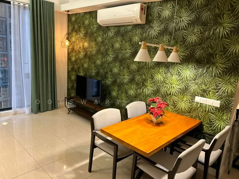 Dining features: wood dining table, 4 dining chairs, green patterned wallpaper, wall-mounted TV, light fixture with three lamps, air conditioning unit, large window with sheer curtains, glossy tile flooring; style: modern.
