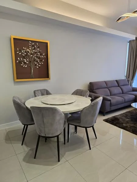 Dining features: round marble dining table, 6 upholstered dining chairs in grey, framed artwork on wall, grey fabric sofa, floor-to-ceiling windows with curtains, polished ceramic tile flooring, decorative wall with neutral colour, area rug with geometric pattern; style: modern.