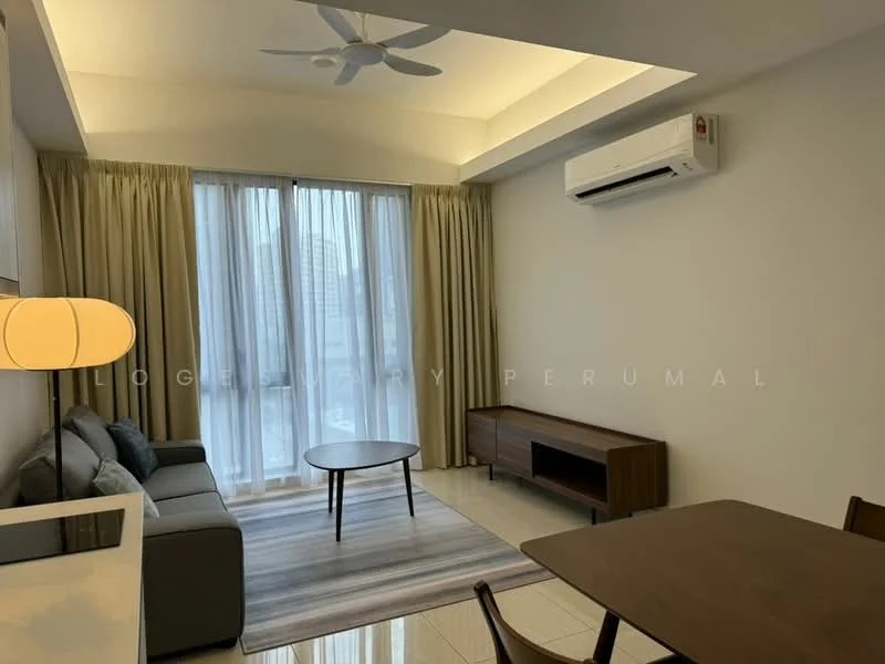 Living features: 3-seater fabric sofa in grey, round coffee table, TV console, floor-to-ceiling windows, sheer curtains, wall-mounted split AC, ceiling fan, recessed downlights, polished tile flooring, decorative area rug; style: modern; view: city.