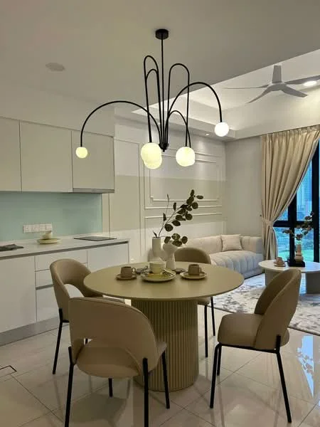 Dining features: round dining table, 4 beige upholstered dining chairs, black metal legs on chairs, modern pendant light with multiple globes, white cabinetry, light blue backsplash, recessed lighting, cream walls, large window with sheer curtains, sofa in light grey fabric, area rug with geometric pattern, ceiling fan; style: modern; view: city.