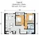 Floor plan: 2-bedroom 2-bathroom unit; features: open-plan kitchen-dining-living, master bedroom with ensuite bathroom, bedroom 2 with shared bathroom, utility room, laundry area, balcony off living room, central foyer.