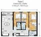 Floor plan: 2-bedroom 2-bathroom unit; features: open-plan kitchen-dining-living, master bedroom with ensuite bathroom, bedroom 2 with shared bathroom, utility room, central foyer, balcony off living room, 1 car porch, 1,100 sqft built-up.