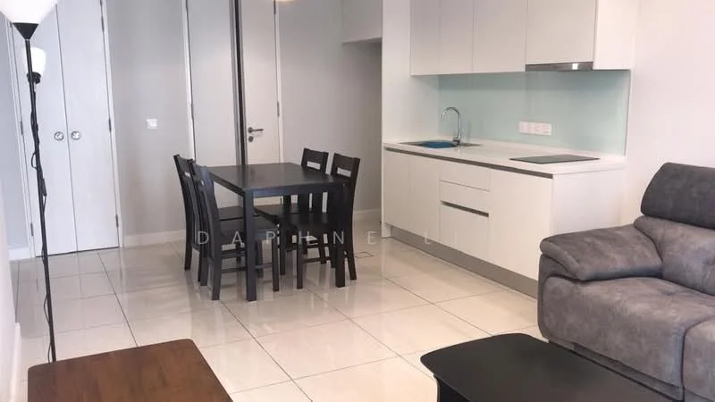 Living features: grey fabric sofa, 4-seater dining table, black dining chairs, white cabinetry, light blue backsplash, stainless-steel sink, built-in stove, white tiled flooring, recessed downlights, floor-to-ceiling windows, neutral wall colour, open layout; style: modern.