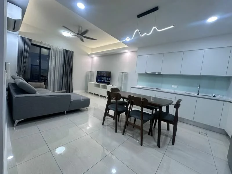 Living features: grey fabric sofa, 3-seater sofa, coffee table, wall-mounted TV, TV console, dining table with 4 chairs, recessed downlights, 5-blade ceiling fan, floor-to-ceiling windows, curtains, white cabinets, light grey backsplash, white countertop, stainless-steel sink, chrome faucet, ceramic tile flooring; style: modern; view: city.