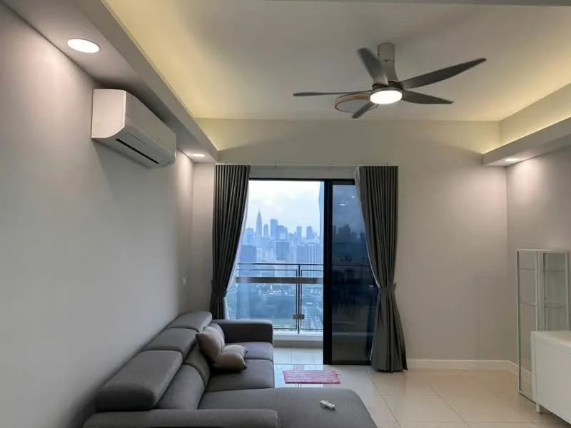 Living features: grey fabric sofa, 5-blade ceiling fan with light, wall-mounted split AC, floor-to-ceiling windows, curtains, white painted walls, recessed lighting, tile flooring; style: modern; view: city.