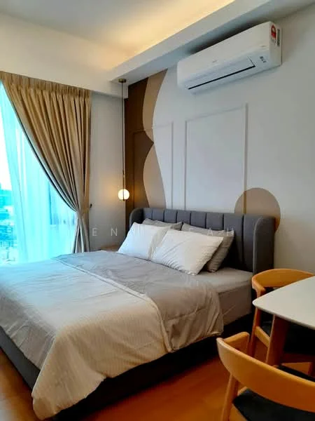Bedroom features: king-size bed with grey upholstered headboard, white bedding, wooden flooring, floor-to-ceiling windows, sheer curtains, recessed downlights, wall-mounted air conditioning unit, decorative wall paneling, pendant light fixture, study desk with chair; style: modern; view: city.