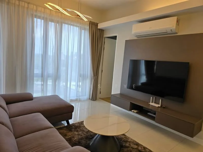 Living features: 3-seater fabric sofa in light brown, round coffee table with black base, wall-mounted flat-screen TV, light fixture with multiple arms, floor-to-ceiling windows with sheer curtains, cream painted walls, glossy white tile flooring, air conditioning unit mounted on wall, decorative wall panel in dark brown; style: modern; view: city.