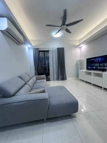 Living features: 3-seater fabric sofa in grey, ceiling fan, recessed downlights, floor-to-ceiling windows, sliding glass door, white painted walls, glossy tile flooring, TV console, wall-mounted TV, curtains, decorative shelving unit; style: modern; view: city.