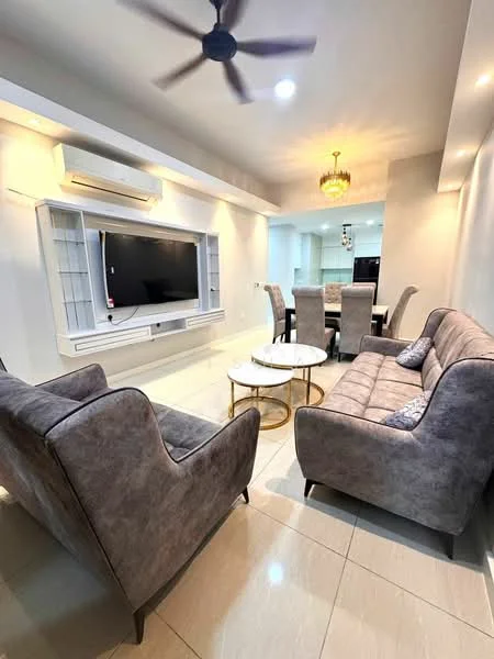 Living features: 3-seater fabric sofa in grey, 2-seater fabric armchair in grey, round coffee table with gold base, wall-mounted TV, built-in TV console with shelving, recessed downlights, ceiling fan, marble tile flooring, decorative wall with light feature, dining area visible in background; style: modern.