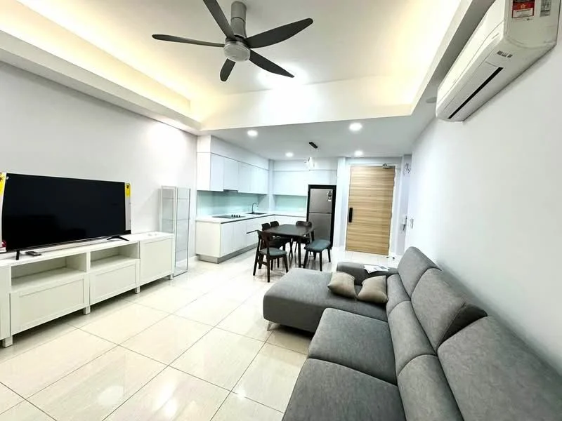 Living features: grey L-shape sectional sofa, coffee table, wall-mounted TV, white TV console, recessed downlights, 5-blade ceiling fan, wall-mounted split AC, cream painted walls, tile flooring, open-plan layout with kitchen and dining area visible; style: modern. Kitchen features: white cabinetry, stainless-steel fridge, built-in oven, 4-burner gas hob, single-bowl stainless-steel sink, chrome pull-down faucet, white quartz countertop, tile backsplash; style: modern. Dining features: 4-seater dining table, wooden dining chairs; style: modern.