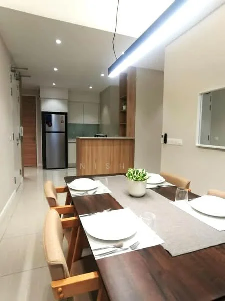 Dining features: wood dining table, upholstered dining chairs, table setting with plates and glasses, decorative centerpiece with plants, pendant light fixture, neutral wall color, recessed ceiling lights, open layout to kitchen, floor-to-ceiling windows, tile flooring; style: modern. Kitchen features: stainless-steel fridge, wood cabinetry, white countertops, open shelving, kitchen island, built-in oven, cooktop, modern faucet; style: modern.