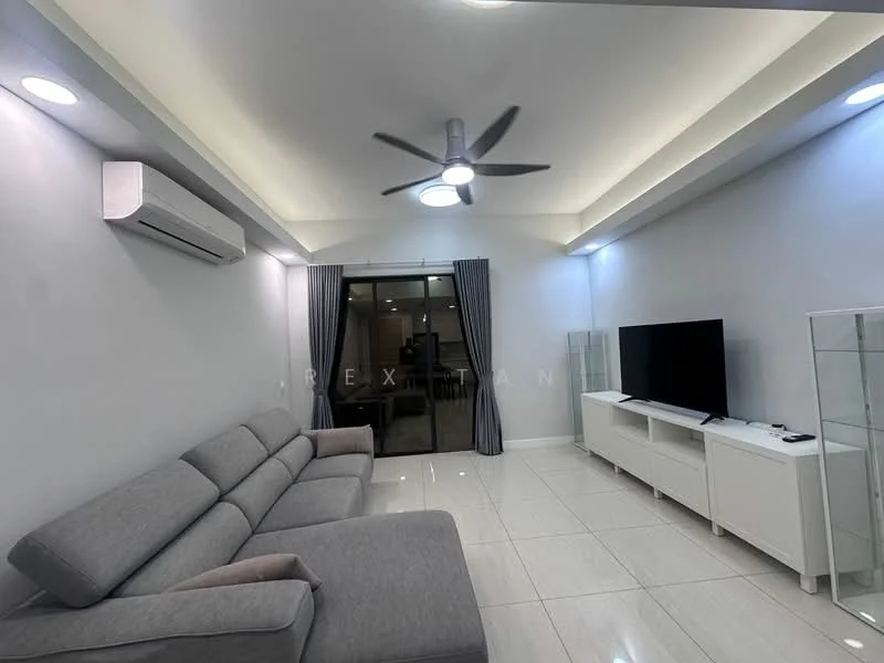 Living features: 3-seater fabric sofa in grey, wall-mounted TV, white TV console, glass display cabinet, recessed downlights, 5-blade ceiling fan with light, floor-to-ceiling windows, sliding glass door, grey curtains, white tiled flooring, air conditioning unit; style: modern.