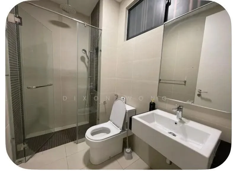 Bathroom features: walk-in shower with glass enclosure, chrome handheld shower, white wall-mounted sink, single-sink vanity, mirror above sink, one-piece toilet, tile flooring, light-colored wall tiles, dark accent wall tiles, window for natural light; style: modern.