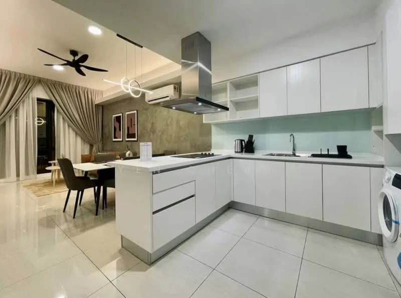 Kitchen features: white cabinetry, stainless-steel range hood, built-in oven, 4-burner gas hob, single-bowl stainless-steel sink, chrome pull-down faucet, quartz countertop, white tiled backsplash, recessed downlights, marble tile flooring, floor-to-ceiling windows, dining area with 4-seater dining table, ceiling fan with light; style: modern; view: city.