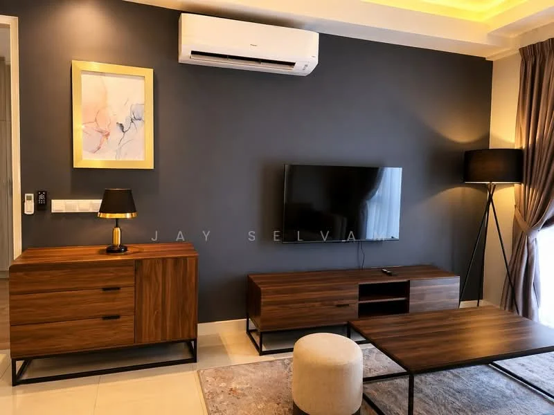 Living features: dark accent wall, light-colored walls, recessed ceiling lights, wall-mounted TV, wooden TV console, wooden sideboard, table lamp on sideboard, floor lamp, area rug with geometric pattern, cream ottoman, large window with curtains; style: modern.
