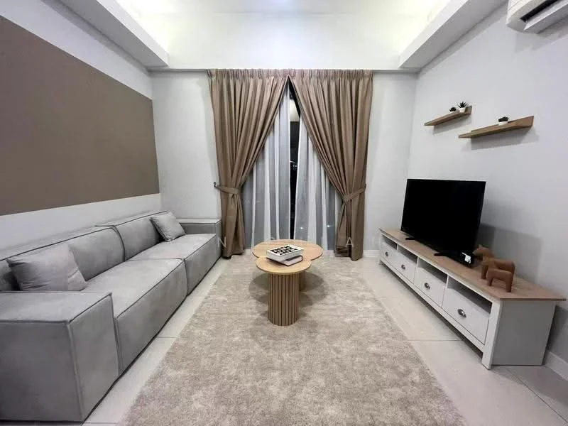 Living features: grey fabric L-shape sectional sofa, round wooden coffee table, white TV console, wall-mounted flat-screen TV, light grey area rug, floor-to-ceiling windows with sheer curtains, recessed ceiling lights, cream painted walls, wooden wall shelves, air conditioning unit; style: modern.