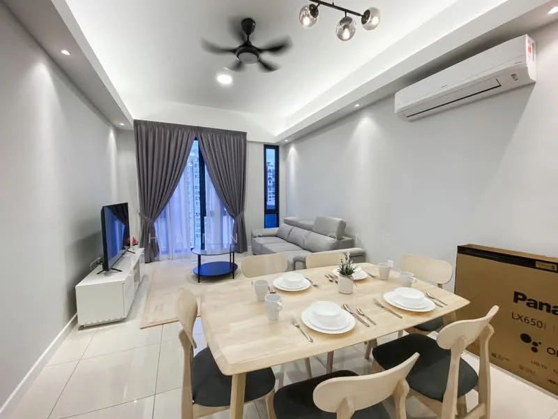 Dining features: 6-seater dining table, wooden dining chairs, white ceramic plates, cutlery, decorative plant in center, recessed downlights, light grey walls, tile flooring, wall-mounted TV, sofa in light grey fabric, sliding glass door, floor-to-ceiling windows, curtains, wall-mounted split AC; style: modern; view: city.