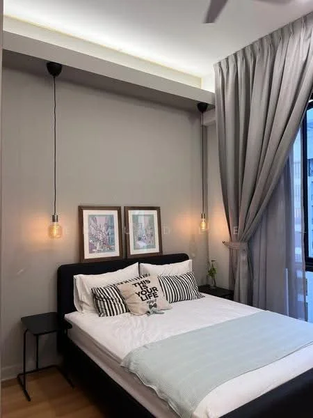 Bedroom features: king-size bed, upholstered headboard, two bedside tables, pendant lighting, framed artwork on walls, grey curtains, wooden flooring, decorative throw pillows, plant on bedside table, floor-to-ceiling window; style: modern.