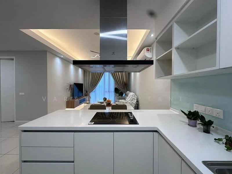Kitchen features: white cabinetry, marble countertop, stainless-steel sink, chrome pull-down faucet, built-in induction hob, exhaust hood, open shelving, recessed downlights, tile flooring, wall-mounted TV visible in background, curtains, decorative plants; style: modern; view: living.