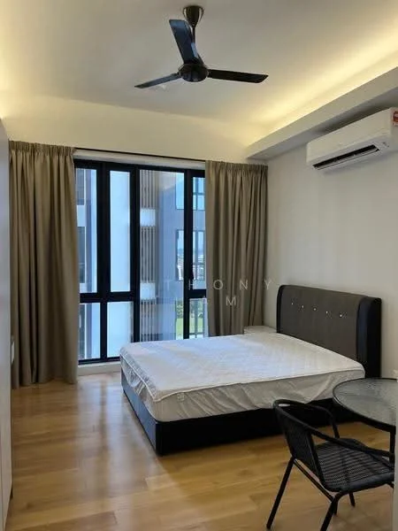 Bedroom features: queen-size bed, upholstered headboard, floor-to-ceiling windows, grey curtains, wooden flooring, 5-blade ceiling fan, wall-mounted split AC, round glass table, black dining chairs, decorative wall lighting; style: modern; view: garden.