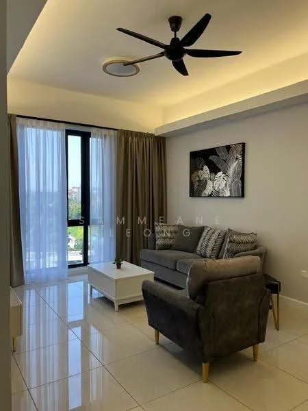 Living features: grey fabric 3-seater sofa, light grey armchair, white coffee table, floor-to-ceiling windows, sheer curtains, blackout curtains, recessed downlights, ceiling fan with light, decorative wall art with plant motifs, glossy tile flooring, neutral painted walls; style: modern; view: city.