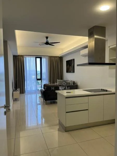 Living features: floor-to-ceiling windows, grey curtains, 5-blade ceiling fan with light, sofa in dark grey, coffee table, wall-mounted TV, white painted walls, marble tile flooring, kitchen island with built-in cooktop, stainless-steel range hood, recessed downlights; style: modern; view: city.