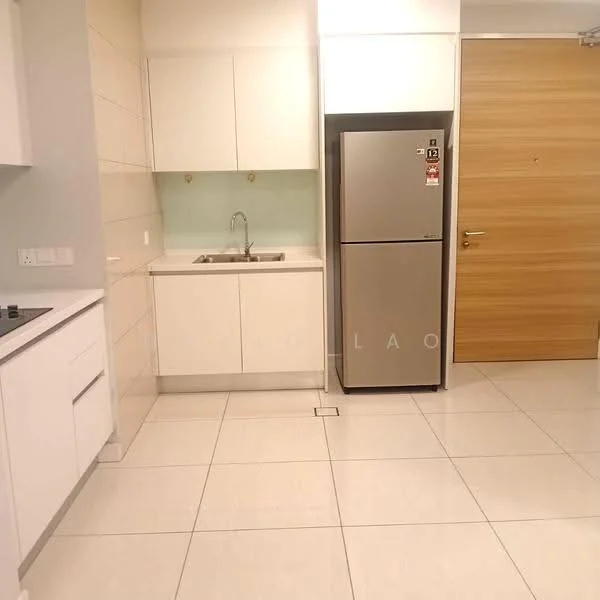 Kitchen features: white shaker cabinets, stainless-steel fridge, single-bowl stainless-steel sink, chrome pull-down faucet, ceramic tile flooring, white tiled backsplash, built-in gas hob, recessed downlights, neutral wall colour, open layout, countertop with overhang, door leading to hallway; style: modern.