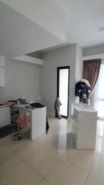 Room features: grey painted walls, white ceiling, large window with sheer curtains, tile flooring, built-in cabinetry, open layout, clothes hanging on furniture, mirror on wall; style: modern.