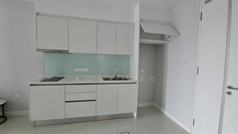 Kitchen features: white cabinetry, single-bowl stainless-steel sink, chrome pull-down faucet, glass backsplash, built-in stove, countertop with storage, tile flooring, wall-mounted cabinet, open shelving, recessed lighting; style: modern.