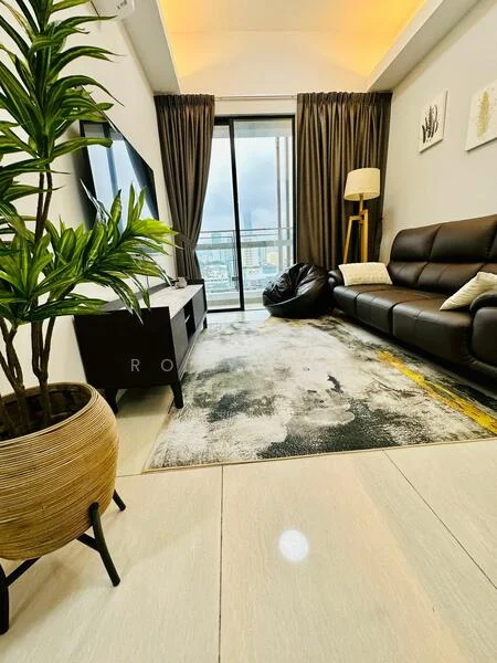 Living features: dark leather sofa, bean bag chair, TV console, wall-mounted TV, area rug with abstract pattern, floor-to-ceiling windows, curtains, decorative wall art, potted plant, recessed lighting, light-colored tile flooring; style: modern; view: city.