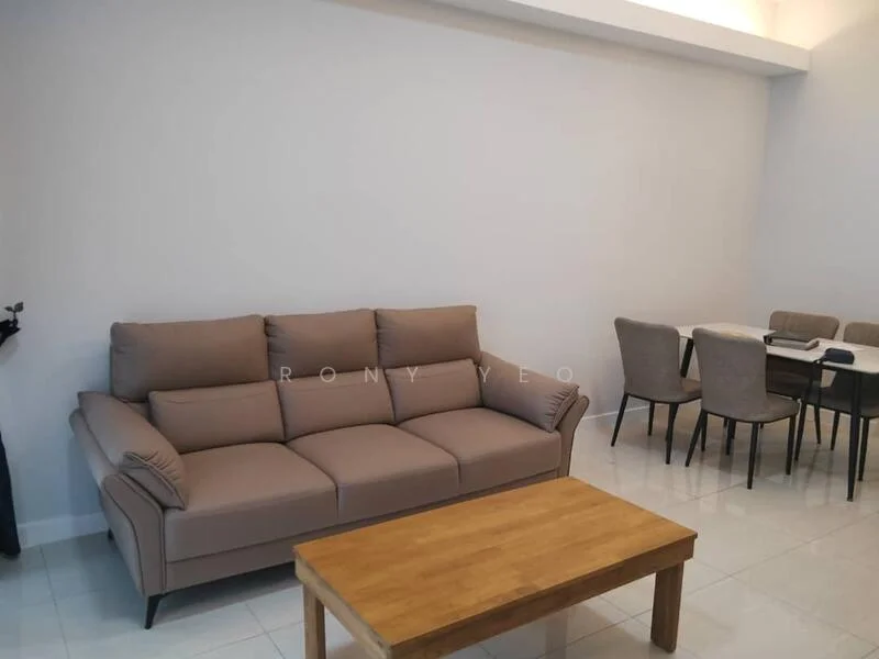 Living features: 3-seater fabric sofa in beige, wooden coffee table, dining table with 4 upholstered chairs, white painted walls, glossy tile flooring, recessed lighting, floor-to-ceiling windows, minimalist decor; style: modern.