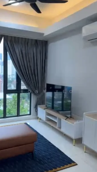 Living features: floor-to-ceiling windows, grey curtains, wall-mounted TV, TV console with storage, brown leather ottoman, area rug with geometric pattern, recessed downlights, ceiling fan, white painted walls, air conditioning unit; style: modern; view: garden.