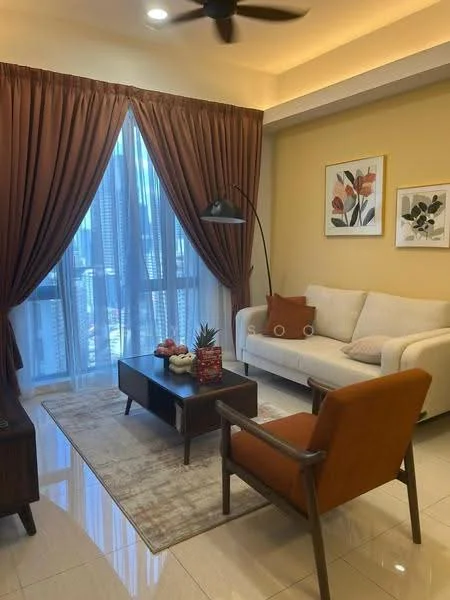 Living features: cream sofa, wood coffee table, orange accent chair, area rug, floor lamp, curtains, wall art with floral design, painted walls in beige, recessed ceiling lights, large window with city view, polished tile flooring; style: modern; view: city.