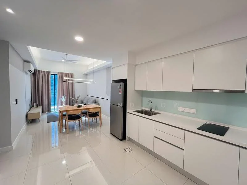 Kitchen features: white cabinetry, stainless-steel fridge, stainless-steel sink, chrome pull-down faucet, white quartz countertop, ceramic tile backsplash, built-in electric cooktop, recessed downlights, marble tile flooring, open layout, floor-to-ceiling windows, air conditioning unit; style: modern. Dining features: 6-seater dining table, wooden dining chairs, pendant light above table, area rug, curtains, open layout, marble tile flooring; style: modern.
